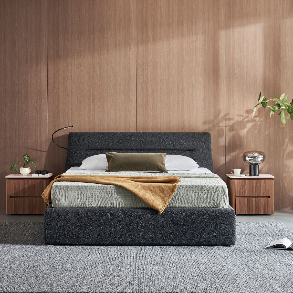 Brooklyn Bed with electric motor-lift storage base in a modern bedroom